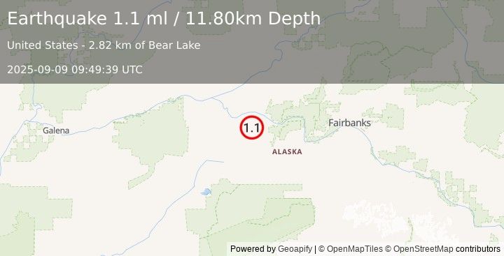 Earthquake 27 km SSW of Manley Hot Springs, Alaska (1.1 ml) (2025-09-09 09:49:39 UTC)