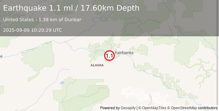 Earthquake 22 km NE of Four Mile Road, Alaska (1.1 ml) (2025-09-09 10:20:29 UTC)