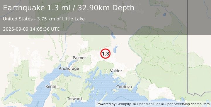 Earthquake 21 km S of Eureka Roadhouse, Alaska (1.3 ml) (2025-09-09 14:05:36 UTC)