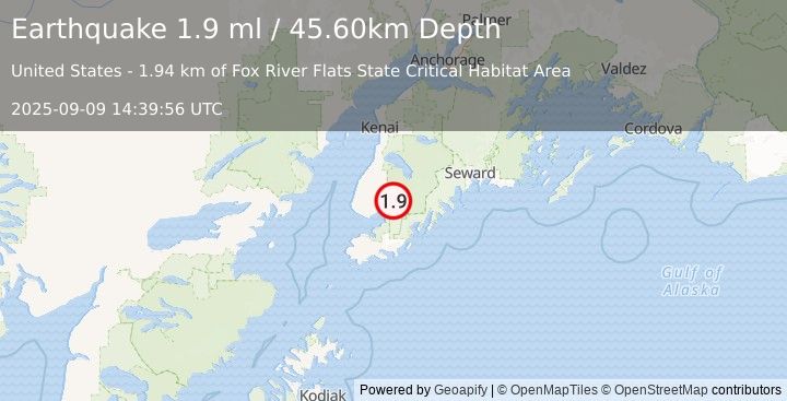 Earthquake 4 km SSW of Fox River, Alaska (1.9 ml) (2025-09-09 14:39:56 UTC)