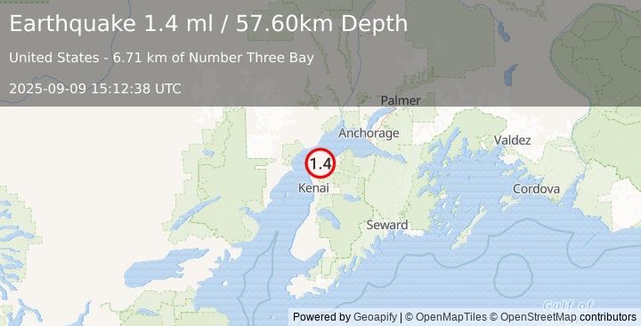 Earthquake 21 km NNE of Nikiski, Alaska (1.4 ml) (2025-09-09 15:12:38 UTC)