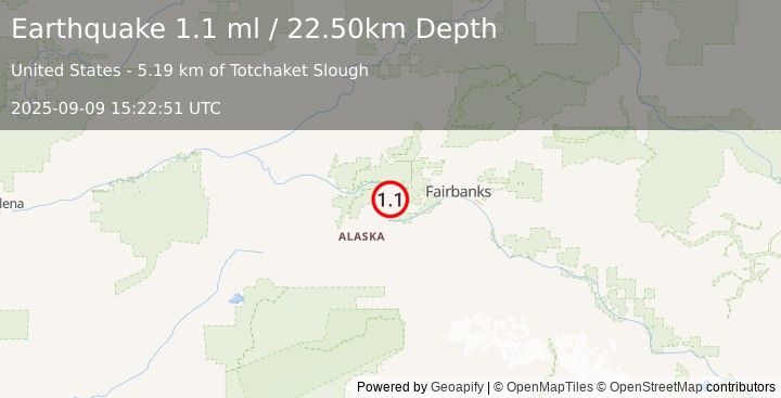 Earthquake 18 km N of Four Mile Road, Alaska (1.1 ml) (2025-09-09 15:22:51 UTC)
