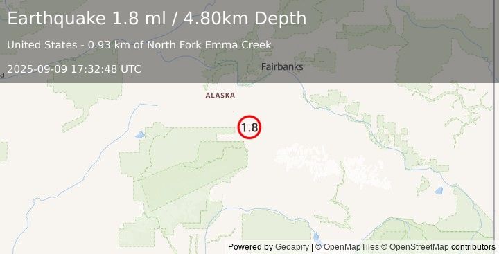 Earthquake 18 km E of Ferry, Alaska (1.8 ml) (2025-09-09 17:32:48 UTC)