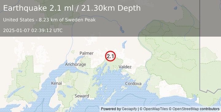 Earthquake 36 km SSE of Glacier View, Alaska (2.1 ml) (2025-01-07 02:39:12 UTC)