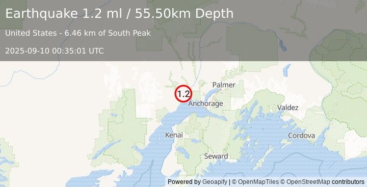 Earthquake 22 km SW of Susitna, Alaska (1.2 ml) (2025-09-10 00:35:01 UTC)