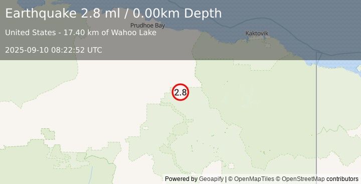 Earthquake 126 km SSE of Prudhoe Bay, Alaska (2.8 ml) (2025-09-10 08:22:52 UTC)