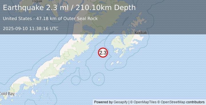 Earthquake 69 km W of Akhiok, Alaska (2.3 ml) (2025-09-10 11:38:16 UTC)