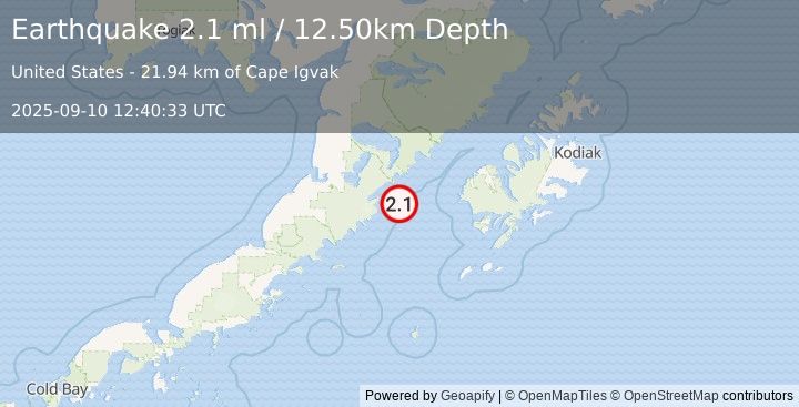Earthquake 93 km ESE of Ugashik, Alaska (2.1 ml) (2025-09-10 12:40:33 UTC)