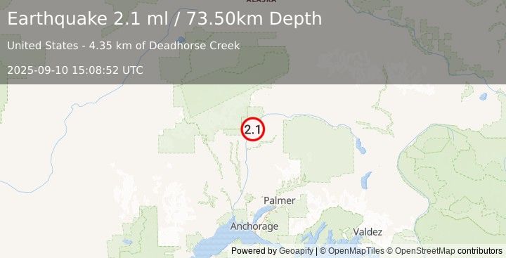 Earthquake 23 km NNE of Chase, Alaska (2.1 ml) (2025-09-10 15:08:52 UTC)