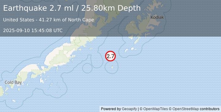 Earthquake 122 km SW of Akhiok, Alaska (2.7 ml) (2025-09-10 15:45:08 UTC)