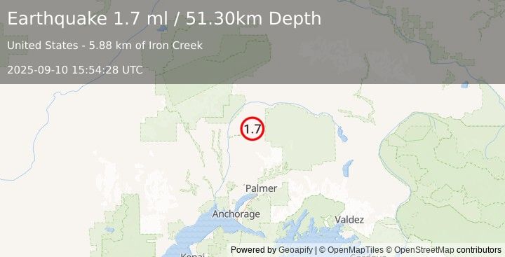 Earthquake 37 km E of Chase, Alaska (1.7 ml) (2025-09-10 15:54:28 UTC)