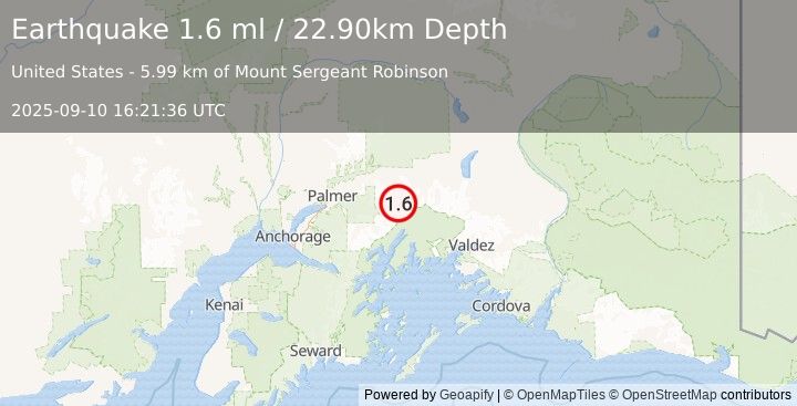 Earthquake 32 km SSW of Glacier View, Alaska (1.6 ml) (2025-09-10 16:21:36 UTC)