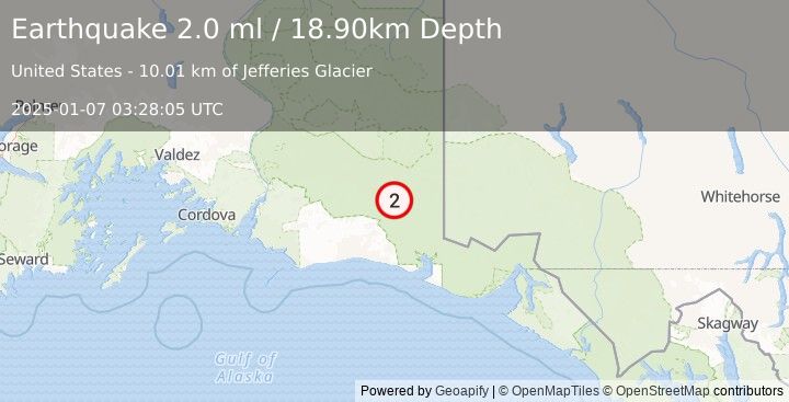 Earthquake 98 km SSE of McCarthy, Alaska (2.0 ml) (2025-01-07 03:28:05 UTC)