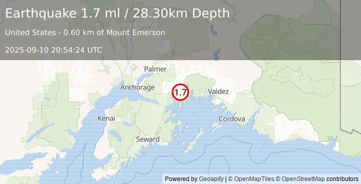 Earthquake 52 km NE of Whittier, Alaska (1.7 ml) (2025-09-10 20:54:24 UTC)