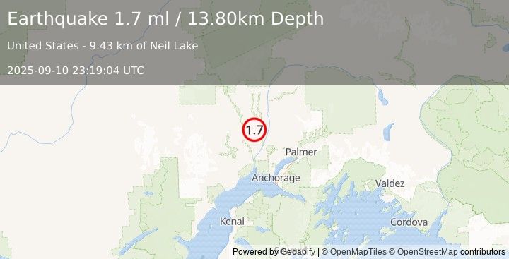 Earthquake 34 km NW of Willow, Alaska (1.7 ml) (2025-09-10 23:19:04 UTC)