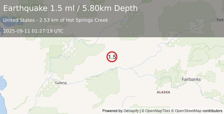 Earthquake 67 km WNW of Tanana, Alaska (1.5 ml) (2025-09-11 01:27:19 UTC)