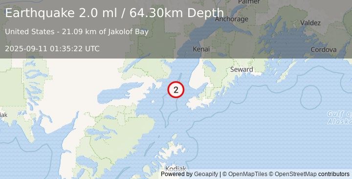 Earthquake 34 km WSW of Anchor Point, Alaska (2.0 ml) (2025-09-11 01:35:22 UTC)