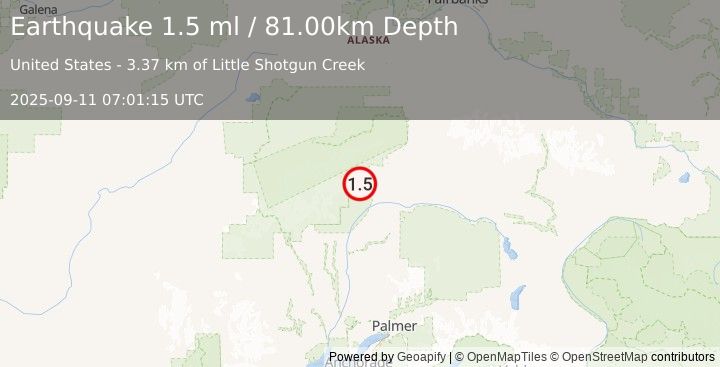 Earthquake 59 km SW of Cantwell, Alaska (1.5 ml) (2025-09-11 07:01:15 UTC)