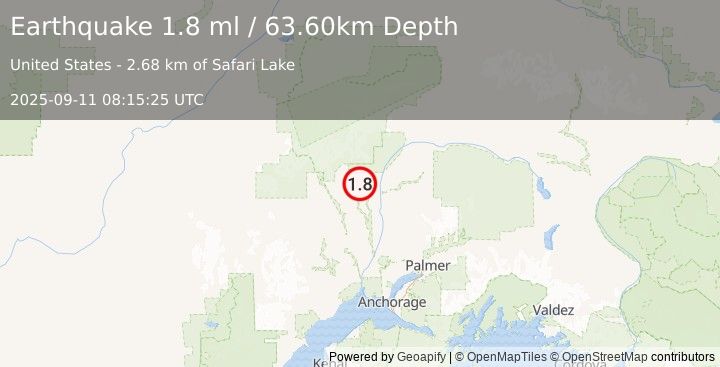 Earthquake 10 km SE of Petersville, Alaska (1.8 ml) (2025-09-11 08:15:25 UTC)