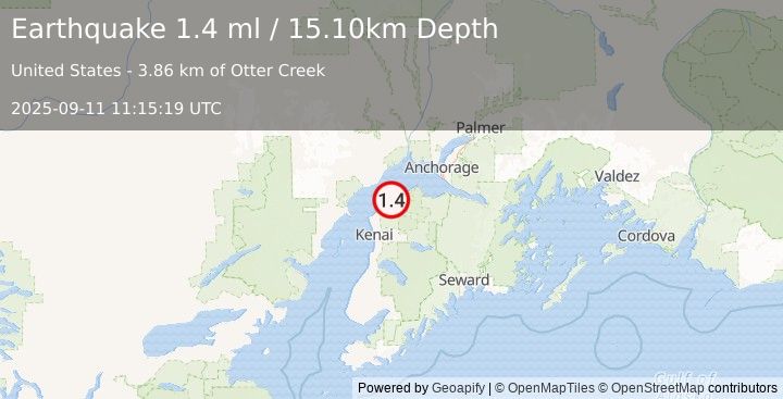 Earthquake 12 km WSW of Point Possession, Alaska (1.4 ml) (2025-09-11 11:15:19 UTC)