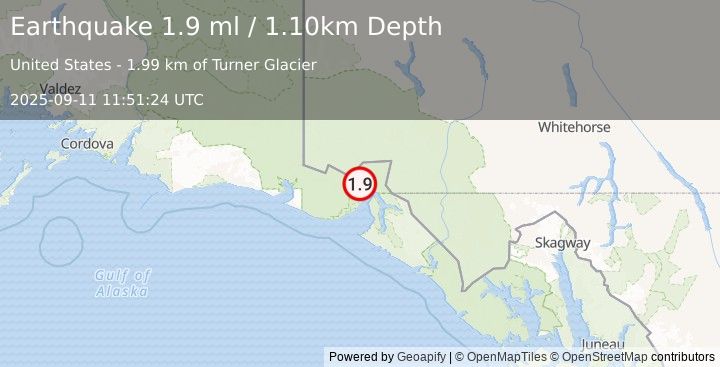 Earthquake 62 km N of Yakutat, Alaska (1.9 ml) (2025-09-11 11:51:24 UTC)