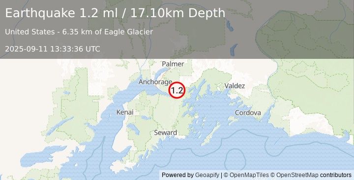 Earthquake 16 km NE of Girdwood, Alaska (1.2 ml) (2025-09-11 13:33:36 UTC)