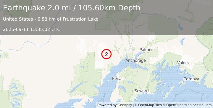 Earthquake 61 km WNW of Beluga, Alaska (2.0 ml) (2025-09-11 13:35:02 UTC)