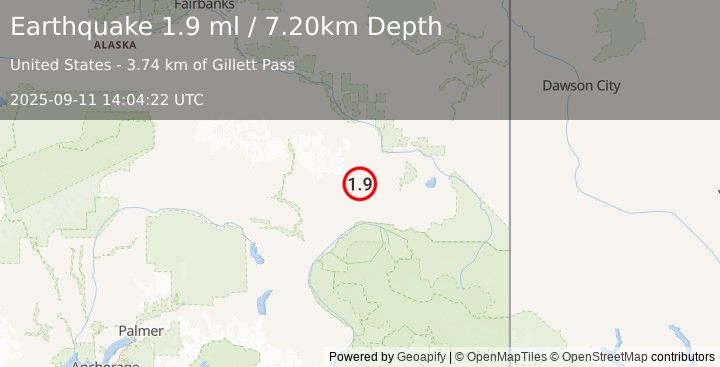 Earthquake 33 km NW of Mentasta Lake, Alaska (1.9 ml) (2025-09-11 14:04:22 UTC)
