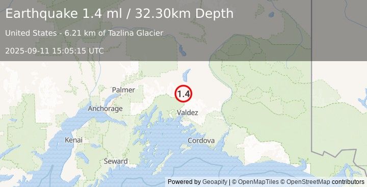 Earthquake 44 km NNW of Valdez, Alaska (1.4 ml) (2025-09-11 15:05:15 UTC)