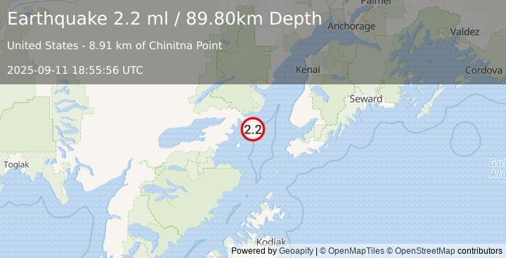 Earthquake 66 km ESE of Pedro Bay, Alaska (2.2 ml) (2025-09-11 18:55:56 UTC)