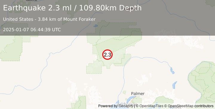 Earthquake 57 km NNW of Petersville, Alaska (2.3 ml) (2025-01-07 06:44:39 UTC)