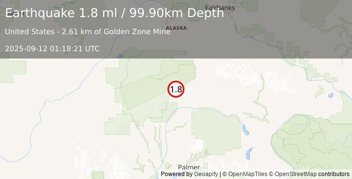 Earthquake 41 km WSW of Cantwell, Alaska (1.8 ml) (2025-09-12 01:18:21 UTC)