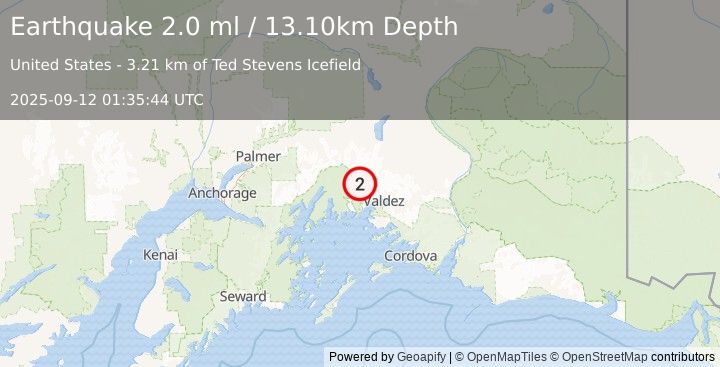Earthquake 34 km NW of Valdez, Alaska (2.0 ml) (2025-09-12 01:35:44 UTC)