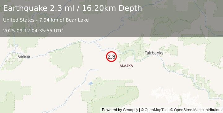 Earthquake 31 km S of Manley Hot Springs, Alaska (2.3 ml) (2025-09-12 04:35:55 UTC)