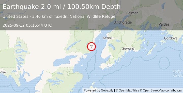 Earthquake 54 km WNW of Ninilchik, Alaska (2.0 ml) (2025-09-12 05:16:44 UTC)