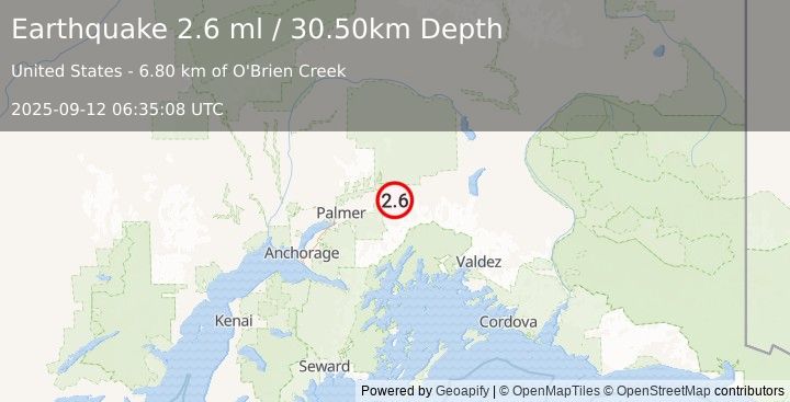 Earthquake 22 km WSW of Glacier View, Alaska (2.6 ml) (2025-09-12 06:35:08 UTC)