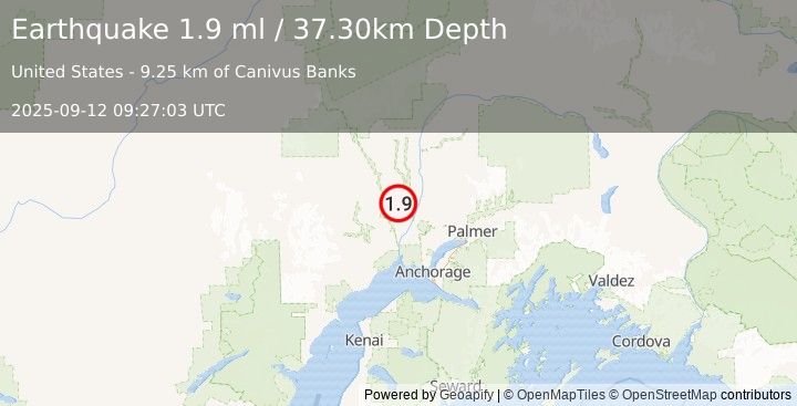 Earthquake 31 km WNW of Willow, Alaska (1.9 ml) (2025-09-12 09:27:03 UTC)