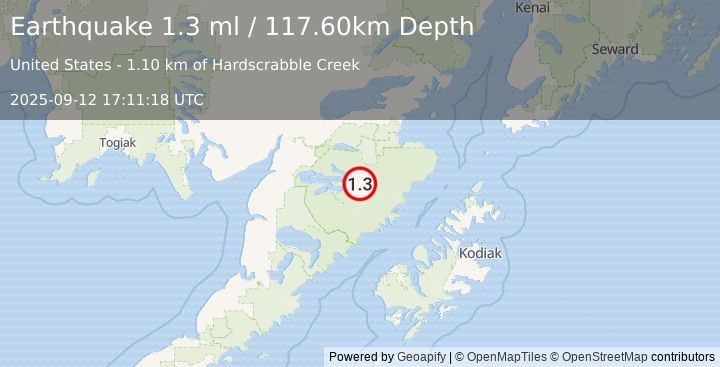 Earthquake 94 km E of King Salmon, Alaska (1.3 ml) (2025-09-12 17:11:18 UTC)