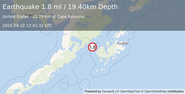 Earthquake 32 km W of Karluk, Alaska (1.8 ml) (2025-09-12 17:41:32 UTC)