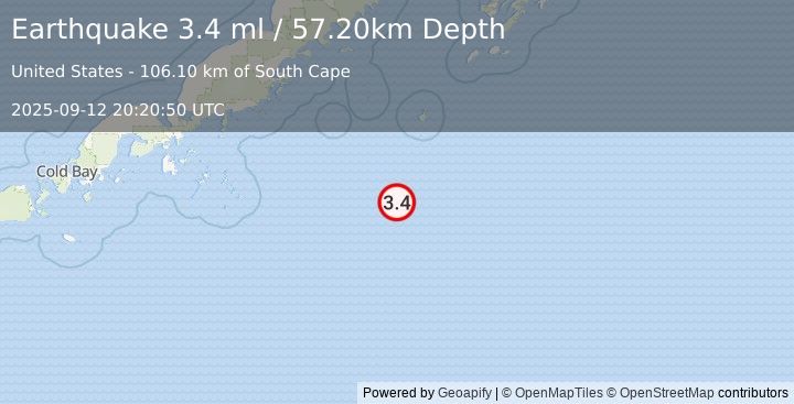 Earthquake 215 km SE of Chignik, Alaska (3.4 ml) (2025-09-12 20:20:50 UTC)