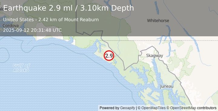 Earthquake 63 km E of Yakutat, Alaska (2.9 ml) (2025-09-12 20:31:48 UTC)