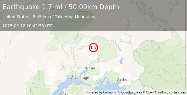 Earthquake 63 km ENE of Susitna North, Alaska (1.7 ml) (2025-09-12 20:42:58 UTC)