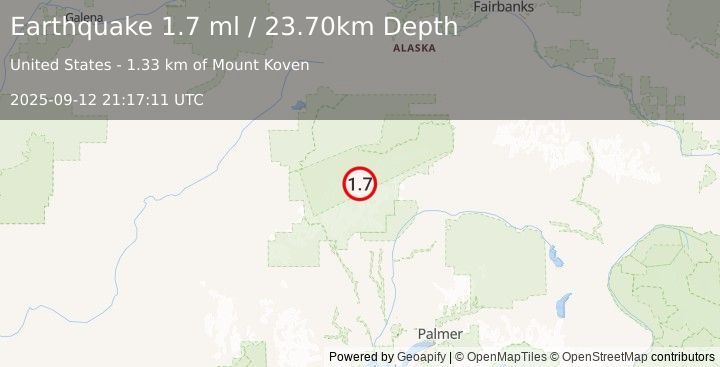 Earthquake 62 km SE of Denali National Park, Alaska (1.7 ml) (2025-09-12 21:17:11 UTC)
