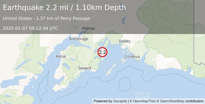 Earthquake 35 km ESE of Whittier, Alaska (2.2 ml) (2025-01-07 09:12:44 UTC)