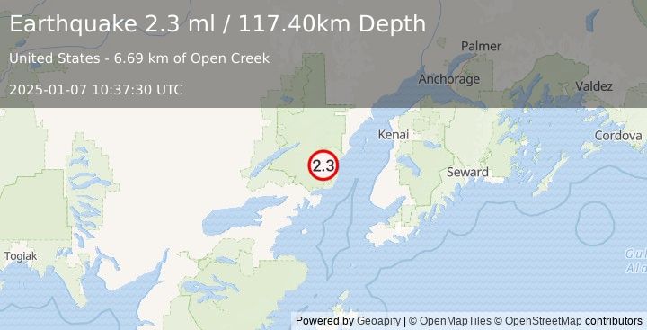 Earthquake 73 km WNW of Happy Valley, Alaska (2.3 ml) (2025-01-07 10:37:30 UTC)