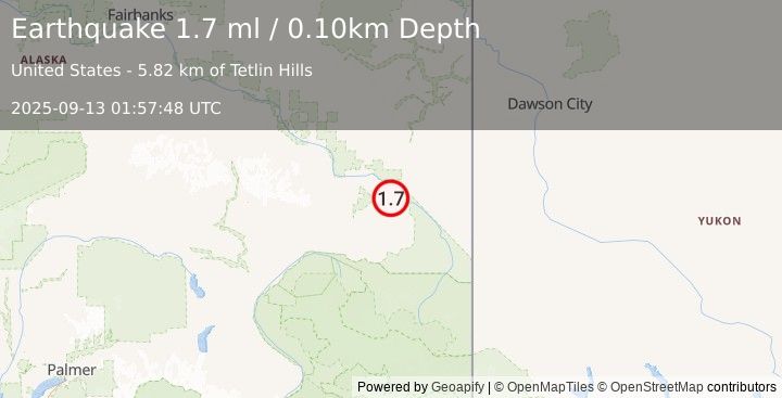 Earthquake 9 km NW of Tetlin, Alaska (1.7 ml) (2025-09-13 01:57:48 UTC)