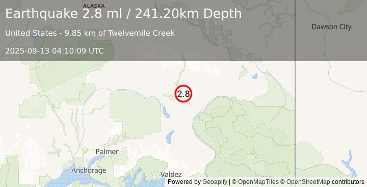 Earthquake 37 km SSW of Paxson, Alaska (2.8 ml) (2025-09-13 04:10:09 UTC)
