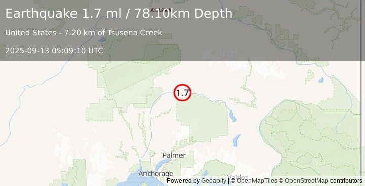 Earthquake 61 km S of Cantwell, Alaska (1.7 ml) (2025-09-13 05:09:10 UTC)