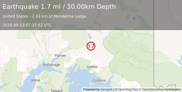 Earthquake 8 km S of Mendeltna, Alaska (1.7 ml) (2025-09-13 07:37:52 UTC)