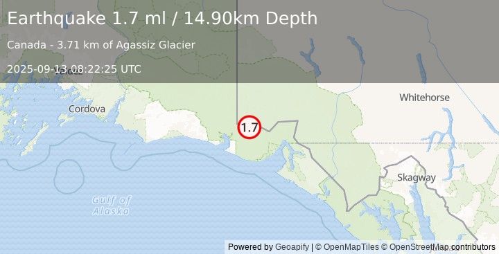 Earthquake 92 km NNW of Yakutat, Alaska (1.7 ml) (2025-09-13 08:22:25 UTC)